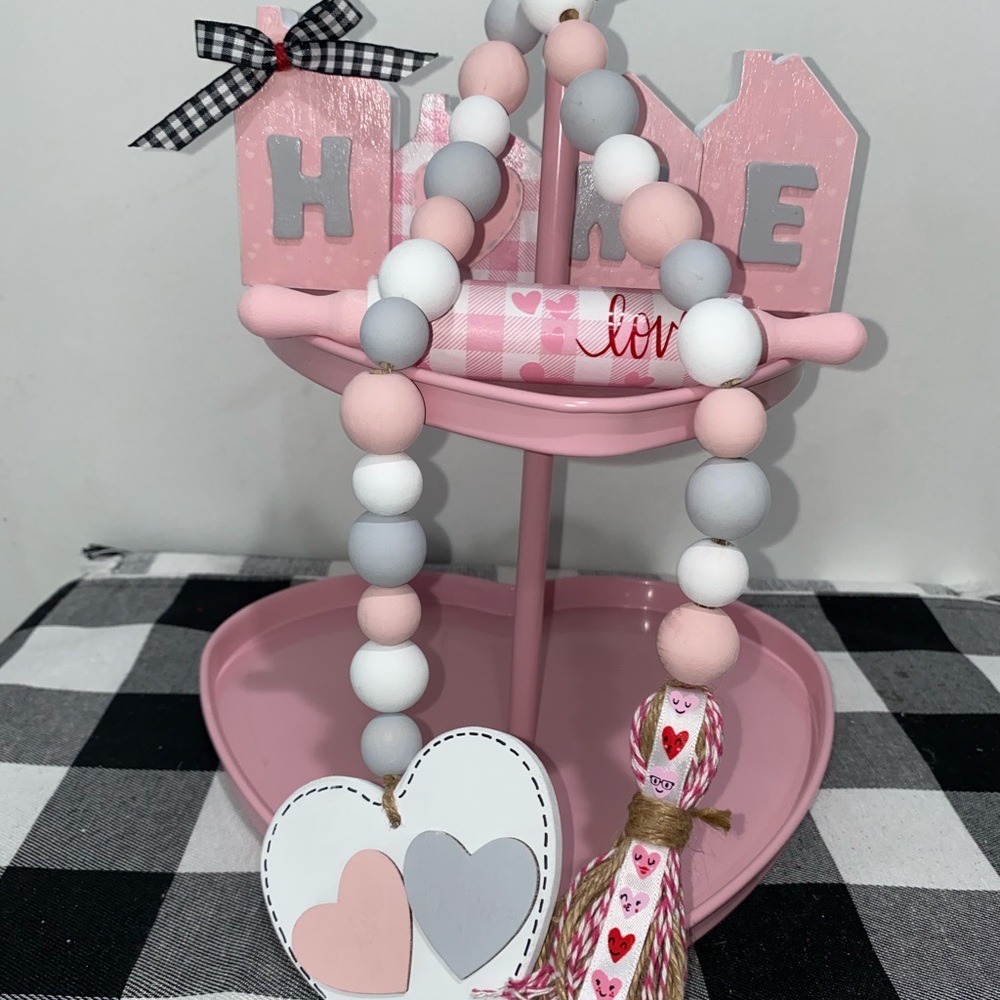 Tier tray decor,Valentines decor,miniwood house,mini rollingpin,wood beadgarland